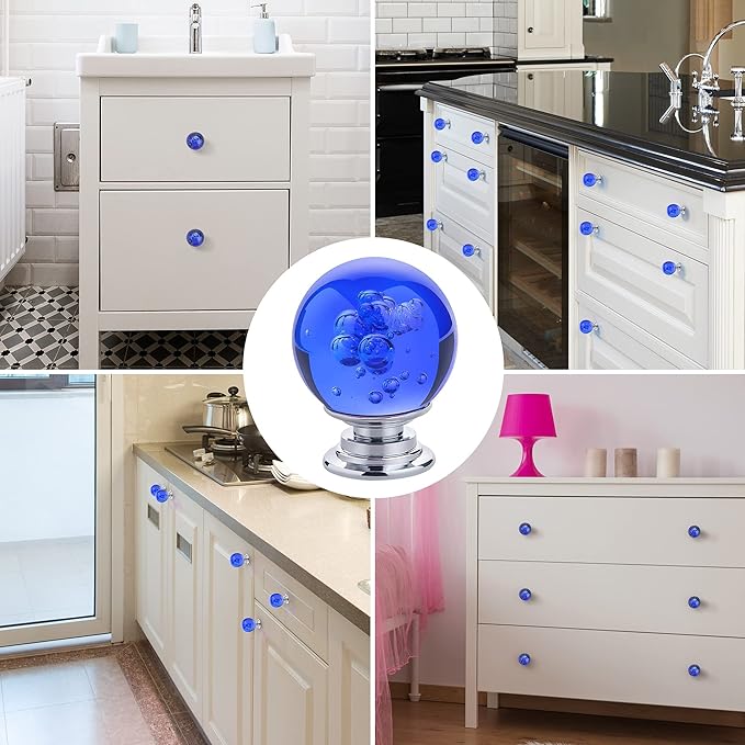 10 PCS Crystal Cabinet Knobs Round Glass Bubbles Dresser Knobs Smooth Drawer Knobs Handle for Home, Cabinet, Drawer and Dresser Hardware with 3 Different Size Screws, 30MM (Blue)