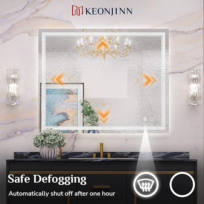 Keonjinn Lighted Bathroom Mirror, 42 x 32 Inch Bathroom LED Mirror with Lights, Frontlit Only, HD Tempered Glass, UL-Listed LED Driver, Anti-Fog, 6000K Dimmale, Easy Installation(Horizontal/Vertical)