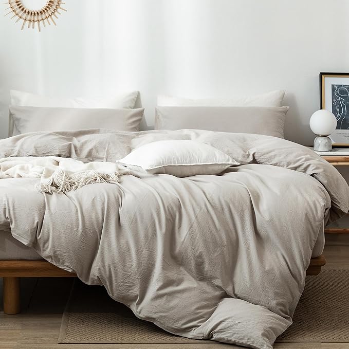 MooMee Bedding Duvet Cover Set 100% Washed Cotton Linen Like Textured Breathable Durable Soft Comfy (Heathered Cream Grey, Super Queen 90"x98")