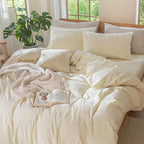 MooMee Bedding Duvet Cover Set 100% Washed Cotton Linen Like Textured Breathable Durable Soft Comfy (Solid Cream White, Super King 108"x98")