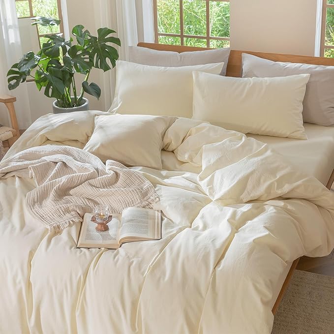 MooMee Bedding Duvet Cover Set 100% Washed Cotton Linen Like Textured Breathable Durable Soft Comfy (Solid Cream White, Palatial King/Oversized King 120"x98")