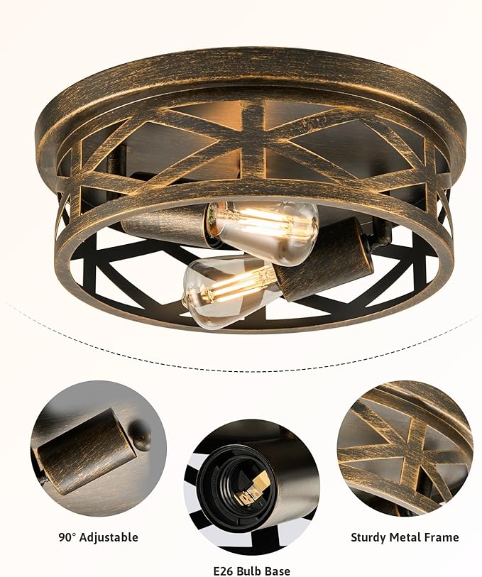 VONLUCE Flush Mount Ceiling Lights, 2-Light Hallway Ceiling Lighting Fixtures, 11 inch Farmhouse Metal Cage Ceiling Lights for Entryway Kitchen, Adjustable Lamp Holders, ETL, 2 pcs, Oil-Rubbed Bronze