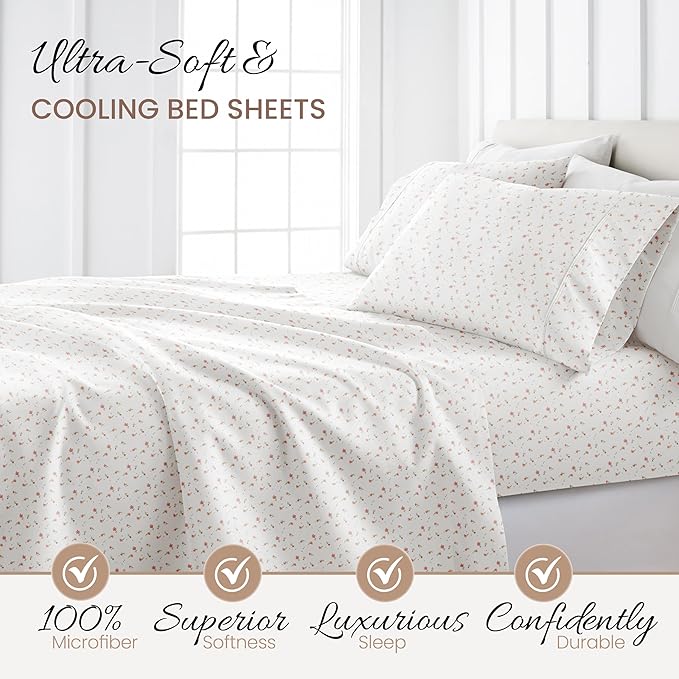 Linen Market 4 Piece Queen Sheet Set - Breathable, Double-Brushed Patterned Cooling Sheets – Oeko-TEX Certified Ultra Soft & Wrinkle-Free 16" Deep-Pocket Queen Sheets - Easy Care Soft Floral Pink
