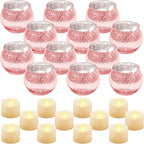 Rtteri 12 Set Votive Candle Holders Wedding Centerpiece Table Decorations Speckled Mercury Glass Votive Candle Holders with Tea Lights Birthday Party Decorations for Home (Pink)