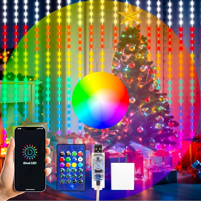 HXWEIYE 300LED Fairy Curtain Lights, 9.8x9.8Ft USB Plug-in 8 Modes Christmas String Hanging Lights with Remote for Bedroom Backdrop Wedding Party Indoor Wall Decor, RGB Color Changing, Standard