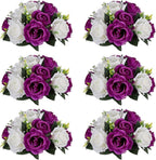 NUPTIO Pcs of 6 Fake Flower Ball Arrangement Bouquet,15 Heads Plastic Roses with Base, Suitable for Our Store's Wedding Centerpiece Flower Rack for Parties Valentine's Day Home Décor (Purple & White)