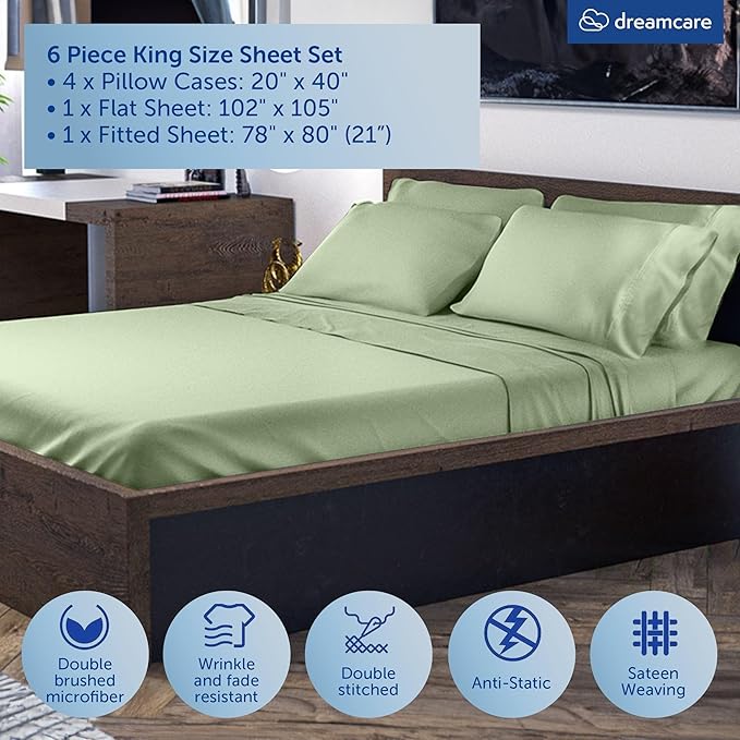 DREAMCARE King Size Sheets Set – 6 pcs Cooling Bed Sheets – up to 21” Deep Pocket King Sheet Set – 2500 Supreme Collection – Extra Soft 100% Brushed Microfiber Hotel Luxury with Side Pocket – S Green