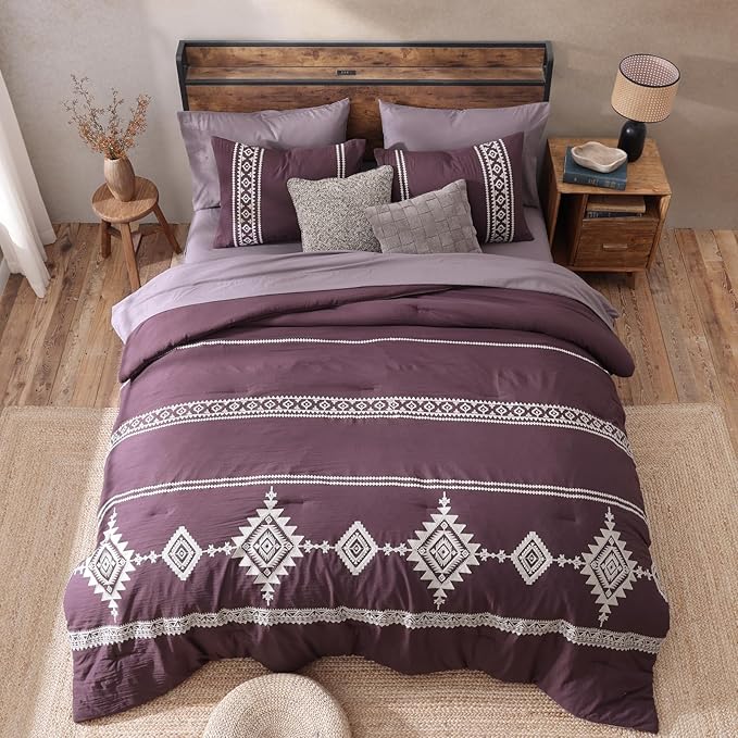 MaiRêve Embroidery Full Size Comforter Set Purple, Farmhouse Western Boho Bedding Set 7 Pieces, All Season Bed in A Bag Comforter Set with Sheets, Pillowcases & Shams