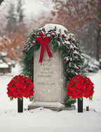 Christmas Cemetery Flowers for Grave: 2 Pcs Artificial 24 Heads Large Red Velvet Poinsettia Bouquets with Vases for Outdoor Grave Decorations