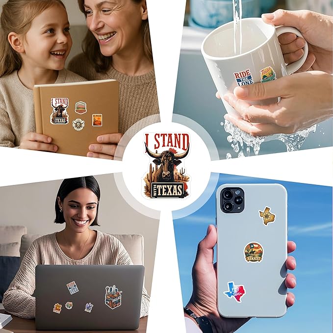 100 PCS Texas Travel Stickers Pack, Vinyl Waterproof Decals with Cowboy Boots Hats Longhorn Desert Cactus State Icons and City, Gift for Kids Teens Adults Wall Water Bottle Scrapbook Car Decor