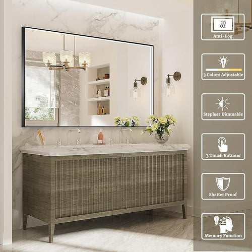 60x36 Inch LED Bathroom Mirror, Black Metal Framed Lighted Mirror for Bathroom, Wall Mouted LED Vanity Mirror with Lights, 3 Colors and Stepless Dimmable, Anti-Fog, Memory