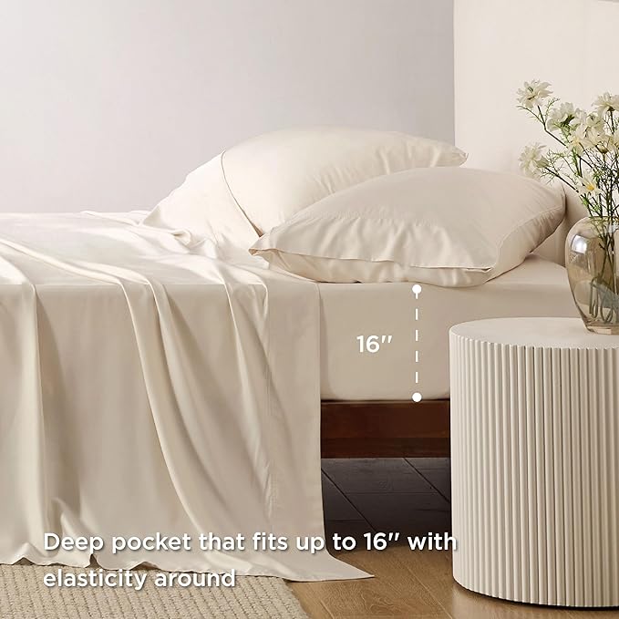 Bedsure King Size Sheets Set, Cooling Sheets for Hot Sleepers, Rayon Derived from Bamboo, Breathable & Soft, Deep Pocket Up to 16 Inches, Hotel Luxury Silky Bedding, Light Beige