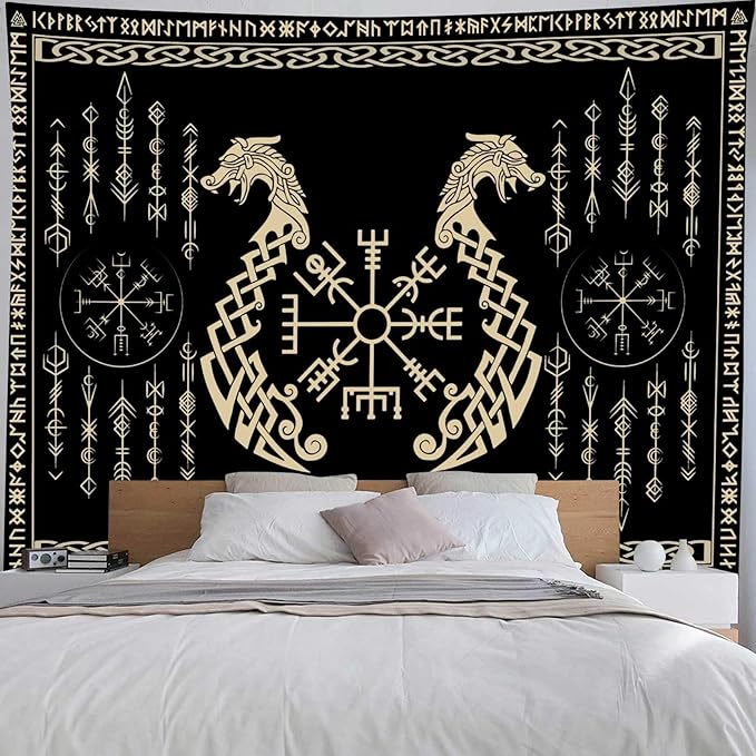OSUNBD Nordic Vikings Tapestry, Large 8490 inches Soft Flannel, Vegvsir Symbol Twins Dragons Celtic Rune Scandinavian Aesthetic Mythology Tapestry Wall Hanging for Bedroom Living Room Decor