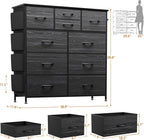 Dresser for Bedroom with 10 Drawers, Chest of Drawers with Side Pockets, Hooks, Wooden Top and Sturdy Metal Frame, Fabric Dresser Drawers for Living Room, Hallway (Black Wood Veins)