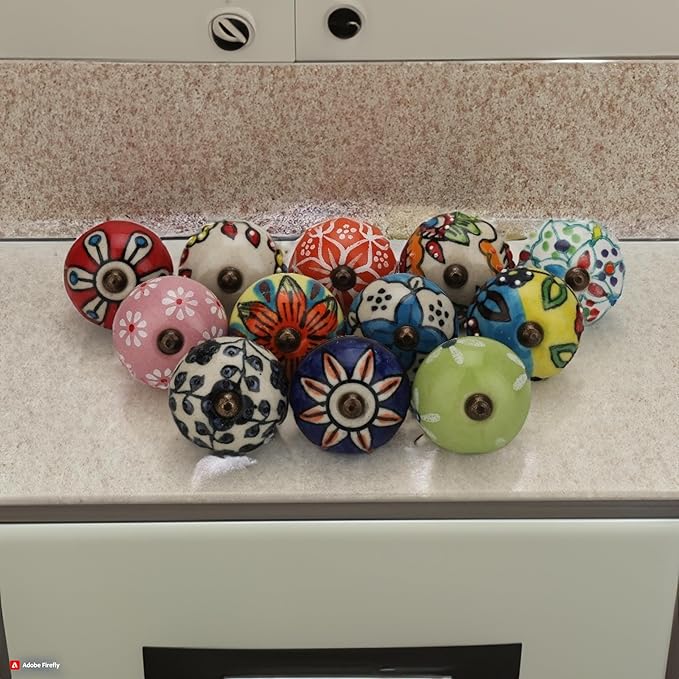Multicolor Ceramic Knobs for Cupboards and Drawers Assorted Kitchen Cabinet Knob Door Pull Handle for Dresser Wardrobes Boho Home Interior Decor - Pack of 6