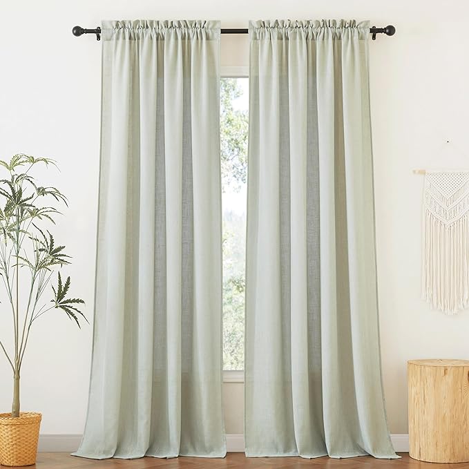RYB HOME Flax Linen Blend Curtains 84 Inches Long, Light Filtering Home Decor 2 Panels Set for Living Room Bedroom, Vertical Soft Window Treatments Kitchen Kids Room, Sage Green, W 34 x L 84 inches