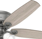 Hunter 52 inch Indoor Ceiling Fan with LED Lights - Ceiling Fan with Pull Chain, For Bedroom, Living Room, or Kitchen, Low Profile Mount, No Remote, 5 Blades - Builder 51113, Matte Silver