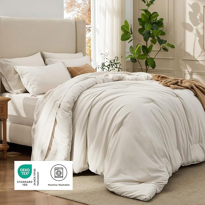 Bedsure Queen Comforter Set Beige - Bed in a Bag Queen Size Bedding 7 Pieces, Cationic Dyed Bed Set Gift for Family, Beige Soft Bedding for All Seasons Comforter with Sheets, Pillowcases & Shams