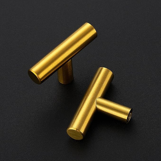 10 Pack Brushed Brass Cabinet Knobs - Kitchen Cabinet Knobs Gold Cabinet Pulls for Kitchen Cabinet Drawer Stainless Steel Dresser Knobs for Cabinet Hardware 2in Length Single Hole T Bar