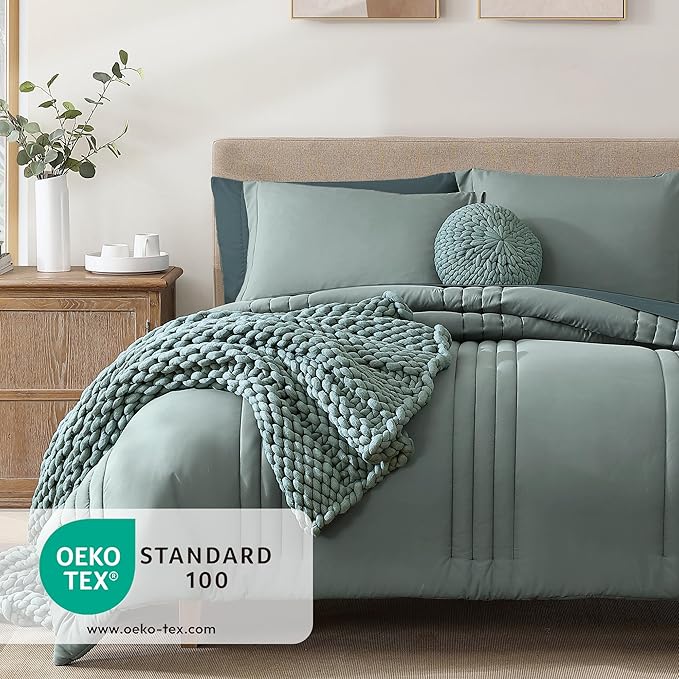 Monbix King Size Comforter Set - 7 Pieces Bed in a Bag King, Sage Green Bedding Sets with Comforter, All Seasons Comforter Bed Set with Sheets, Pillowcases & Shams