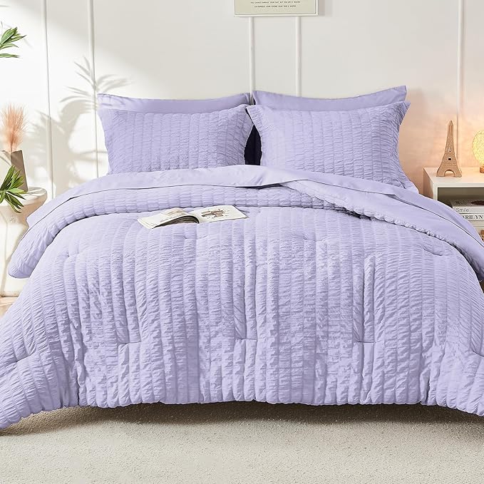 HYMOKEGE Light Purple Twin Comforter Set Seersucker 5 Pieces, All Season Luxury Bed in a Bag for Bedroom, Bedding Set with Comforter, Sheets, Pillowcase & Sham