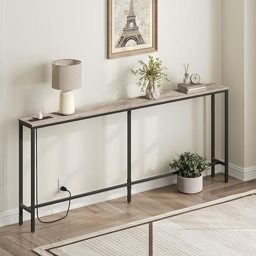 78.7" Console Table with Power Outlet, Narrow Sofa Table, Industrial Entryway Table with USB Ports, Behind Couch for Entryway, Hallway, Foyer, Living Room, Greige CTHG20E01