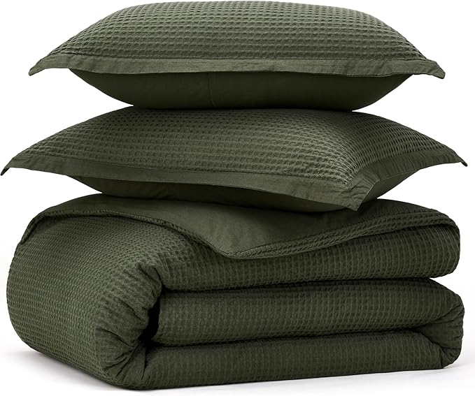Bedsure Cotton Duvet Cover Full - 100% Cotton Waffle Weave Olive Green Duvet Cover Set, GentleSoft™ and Breathable Bedding Set for All Season, 3 Pieces, 80"x90"