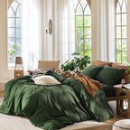 MooMee Bedding Duvet Cover Set 100% Washed Cotton Linen Like Textured Breathable Durable Soft Comfy (Solid Forest Green, Oversized King Plus 128"x120")