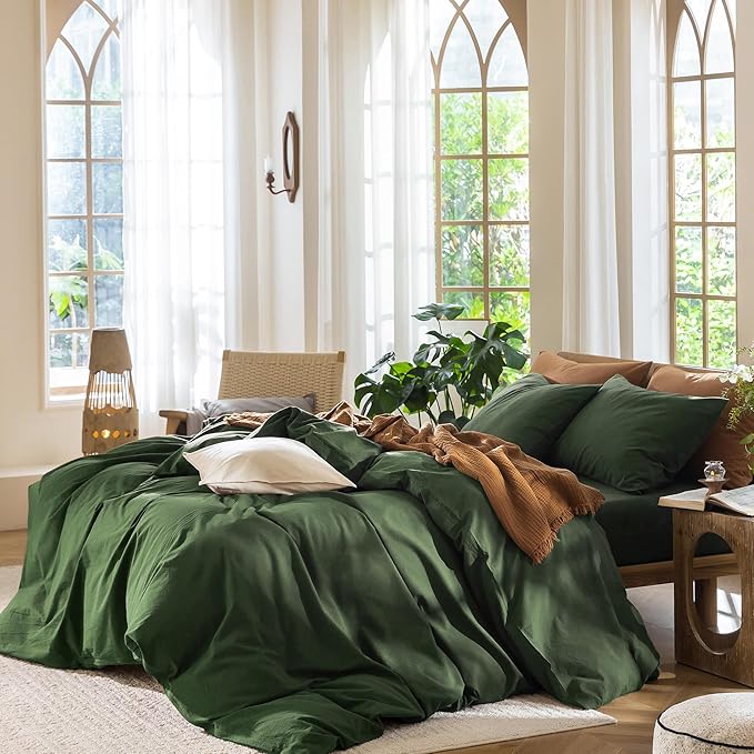 MooMee Bedding Duvet Cover Set 100% Washed Cotton Linen Like Textured Breathable Durable Soft Comfy (Solid Forest Green, Oversized King Plus 128"x120")