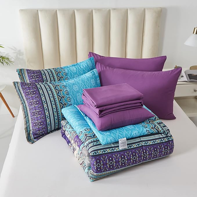 Cottolester Boho Comforter Set King Size 8 Piece Bed in a Bag Bohemian Striped Bedding Quilt Set Aqua Paisley Floral Comforter and Sheet Set,Soft Microfiber Complete Bedding Sets for All Season