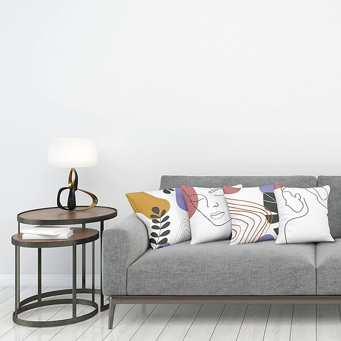 Ambesonne Minimal Throw Pillow Cushion Case Pack of 4, Modern Line Art Woman Portrait Contemporary Leafy Geometric Details, Modern Accent Double-Sided Digital Printing, 24", Lavender Amber Pale Rust
