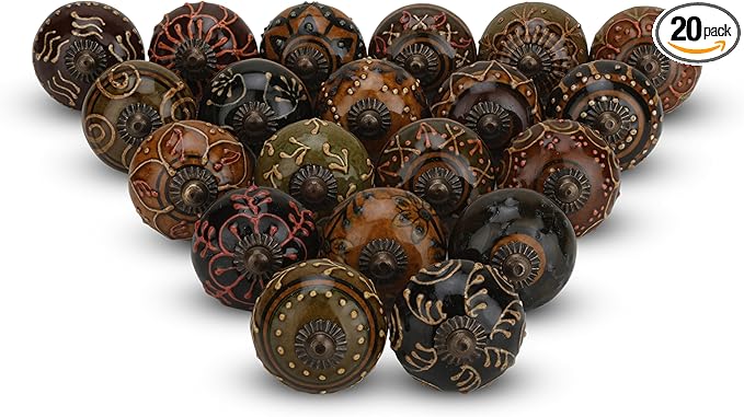 Dresser Knobs for Cabinets and Drawers Assorted, Dusty Ceramic Knob & Pull Handle for Kitchen Brown Cupboard Wardrobe Decorative Furniture Knobs - Pack of 20, (Dark Brown)