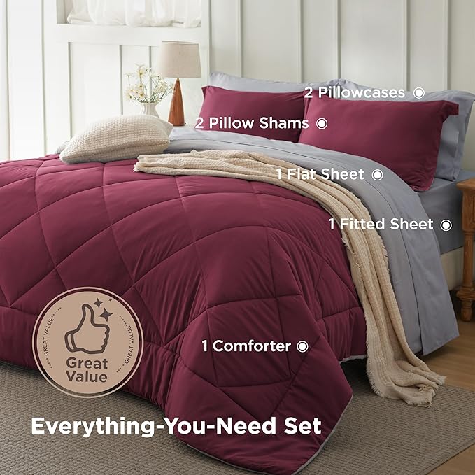 Bedsure Queen Comforter Set - 7 Pieces Reversible Burgundy Bedding, Queen Size Bed Set for All Seasons, Bed in a Bag with Down Alternative Comforter, Sheets, Pillowcases & Shams