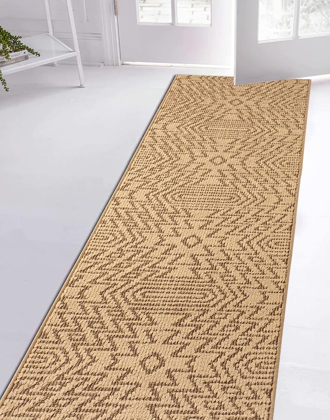 Custom Length Cut to Size Tribal Ethnic Southwestern Inspired Hallway Runner Rug, Non Slip Rubber Backed, 31 inch Wide X Customized Length, Inca Tan, 31 inch X 27 feet