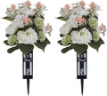 White Artificial Flowers for Cemetery: 2 Pcs Peony Grave Flower Bouquets for Cemetery Decorations - Outdoor Gravesite Flowers with Vase