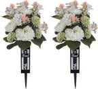 White Artificial Flowers for Cemetery: 2 Pcs Peony Grave Flower Bouquets for Cemetery Decorations - Outdoor Gravesite Flowers with Vase