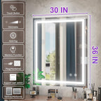 30 x 36 Inch LED Mirror for Bathroom with Lights, Frameless Lighted Bathroom Vanity Mirrors, Stepless Dimmable, Anti-Fog, Memory Funtion, Wall Mounted, Horizontal/Vertical
