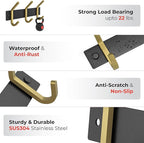 Small Coat Rack Wall Mount – Black and Gold Hook Rail with 3 Double Coat Hooks, 9 Inch Stainless Steel Wall Hooks for Entryway, Bathroom, Bedroom, Closet, Towel, Hat, Bag, Heavy Duty Organizer