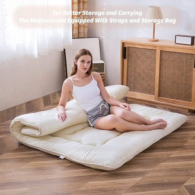 MAXYOYO Japanese Floor Mattress Futon Mattress, Thicken Sleeping Pad Foldable Roll Up Floor Futon for Adults Tatami Mat Dormitory Bed Lounger, Off White, Twin Size