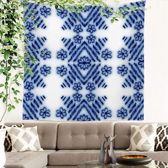 Batmerry Blue Art Flower Tapestry,Blue White Ceramic Glaze Tie Dye Wall Art Hanging Decoration Polyester Fiber White Ruffled Around for Dorm Room Bedroom Living Room, 59.1x59.1 inches