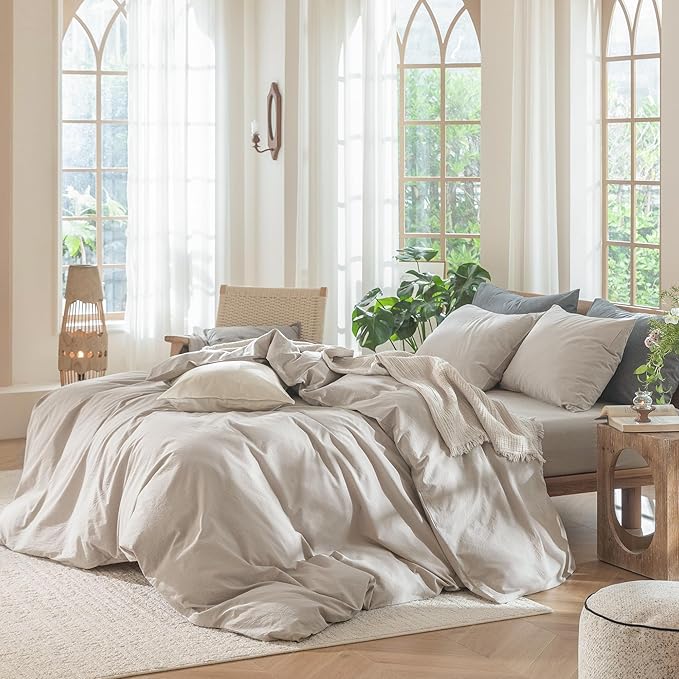 MooMee Bedding Duvet Cover Set 100% Washed Cotton Linen Like Textured Breathable Durable Soft Comfy (Solid Light Tan, Oversized Queen 98"x98")