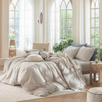 MooMee Bedding Duvet Cover Set 100% Washed Cotton Linen Like Textured Breathable Durable Soft Comfy (Solid Light Tan, King 104"x90")