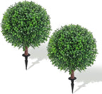24.5" Artificial Boxwood Topiary Ball Tree with Ground Plugs [Set of 2] UV Protected Artificial Shrubs, Fake Evergreen Artificial Plants for Indoor and Outdoor Porch Garden