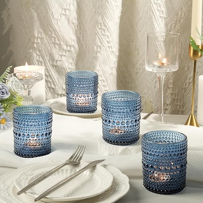 12 Pack Large Votive Candle Holders, 2.7 * 3.5in Blue Tea Light Candle Holder for Votives, Tealights & Pillar, Glass Candle Holders for Table Centerpiece Wedding