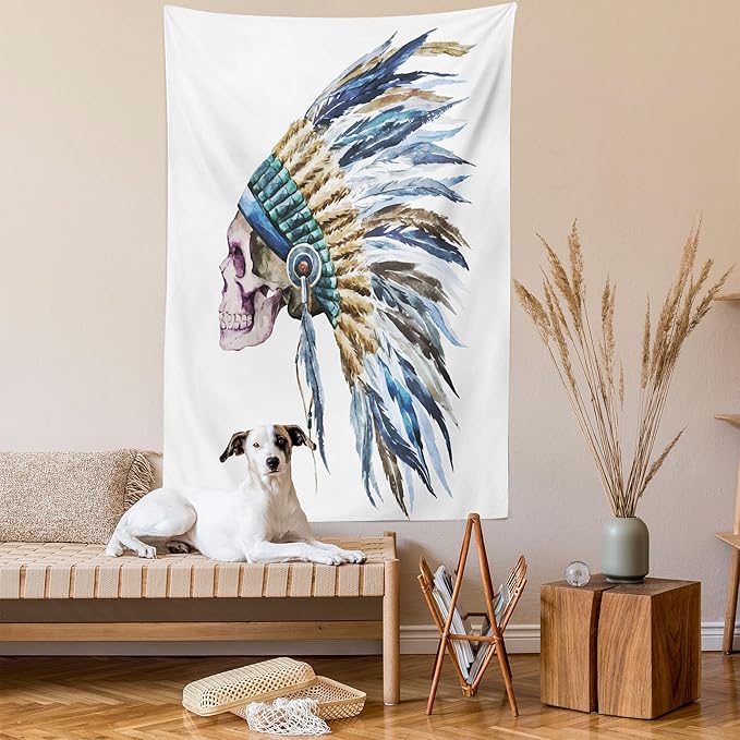 Lunarable Watercolor Tapestry, Skull Native Hat Indigenous Cultures Circle of Life Death, Wall Hanging for Bedroom Living Room Dorm Decor, 40" X 60", Cream Blue