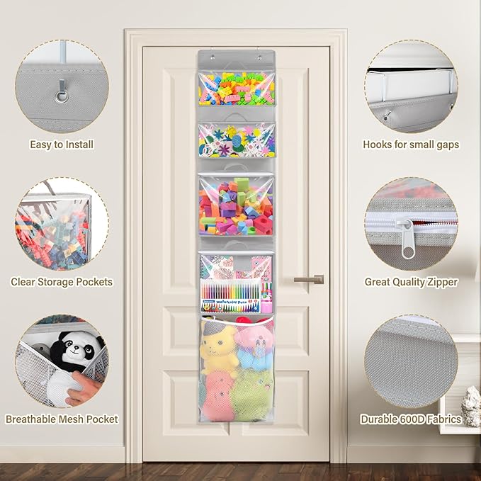 Hanging Toy Storage over Door, Block Stuffed Animal Organizer Idea with 4 Removable Case Bag, Bi-Fold Closet Holder with Mesh Pocket for Kid Boy Girl