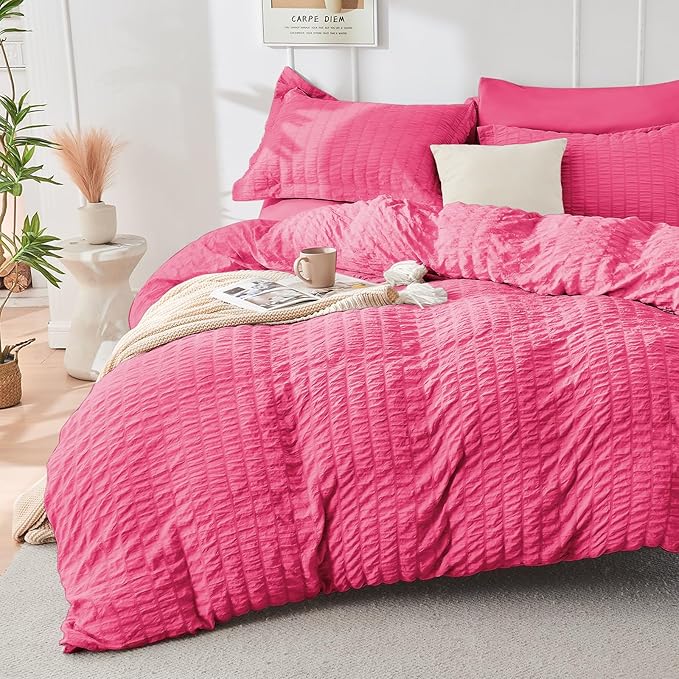 HYMOKEGE Hot Pink Twin Comforter Set Seersucker 5 Pieces, All Season Luxury Bed in a Bag for Bedroom, Bedding Set with Comforter, Sheets, Pillowcase & Sham