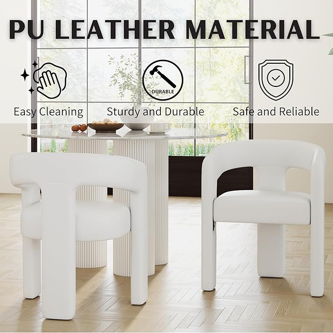Modern Barrel Dining Chairs Set of 8, PU Leather Upholstered Accent Side Chair with Arms Comfy Makeup Vanity Chairs, Dining Living Room Kitchen Chairs, White