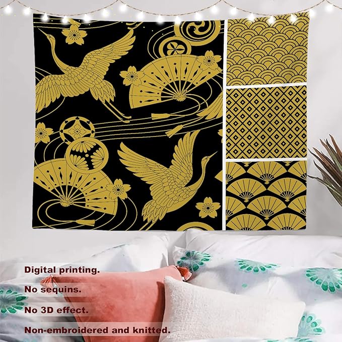 Batmerry Flower Vintage Tapestry, Oriental Japanese Pattern Ornaments Traditional Motives Kimono Wall Hanging Polyester Fiber White Ruffled Around For Dorm Room Bedroom Living Room, 30 X 40 Inches