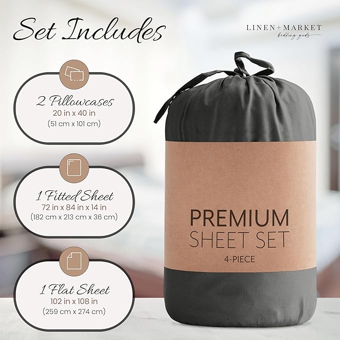Linen Market Bed Sheets for California King Size Bed (Gray) - Sleep Better Than Ever with These Soft and Cooling California King Sheets - Deep Pocket Fits 16" Thick Beds - 4 Piece Cal King Sheet Set